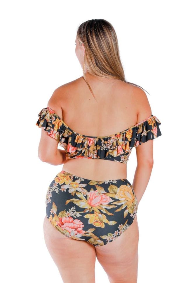 Back of model wearing flattering off the shoulder bikini top in colourful floral print