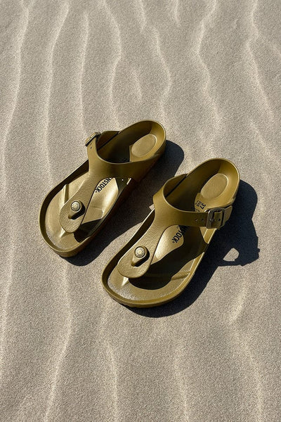 Gold birkenstock beach sandals for curve women