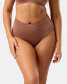 Brown high-waisted bikini on a white background