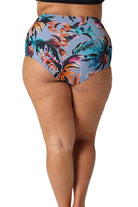 Back of model in studio wearing floral plus size bikini pant