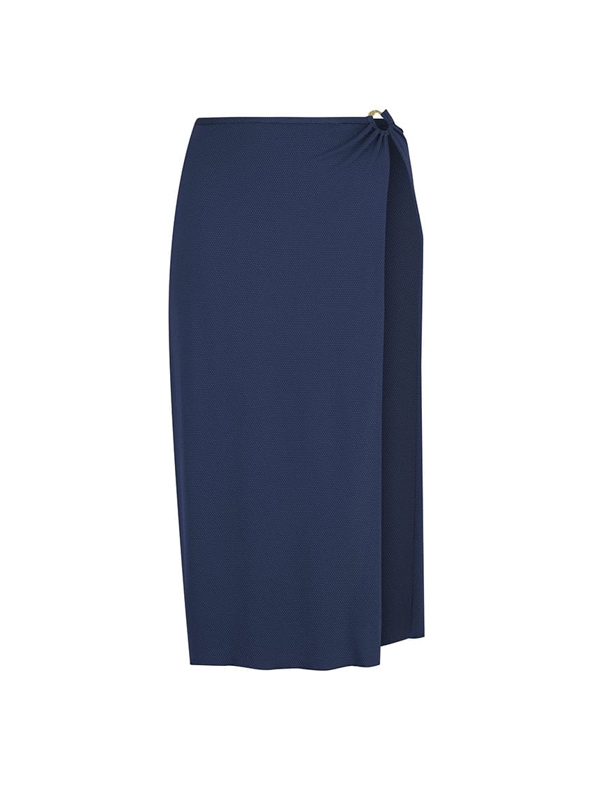 honey comb textured navy maxi skirt with buckle and split
