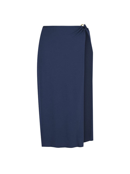 honey comb textured navy maxi skirt with buckle and split