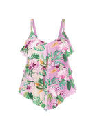 Floral swimsuit with pink and green colors on a white background