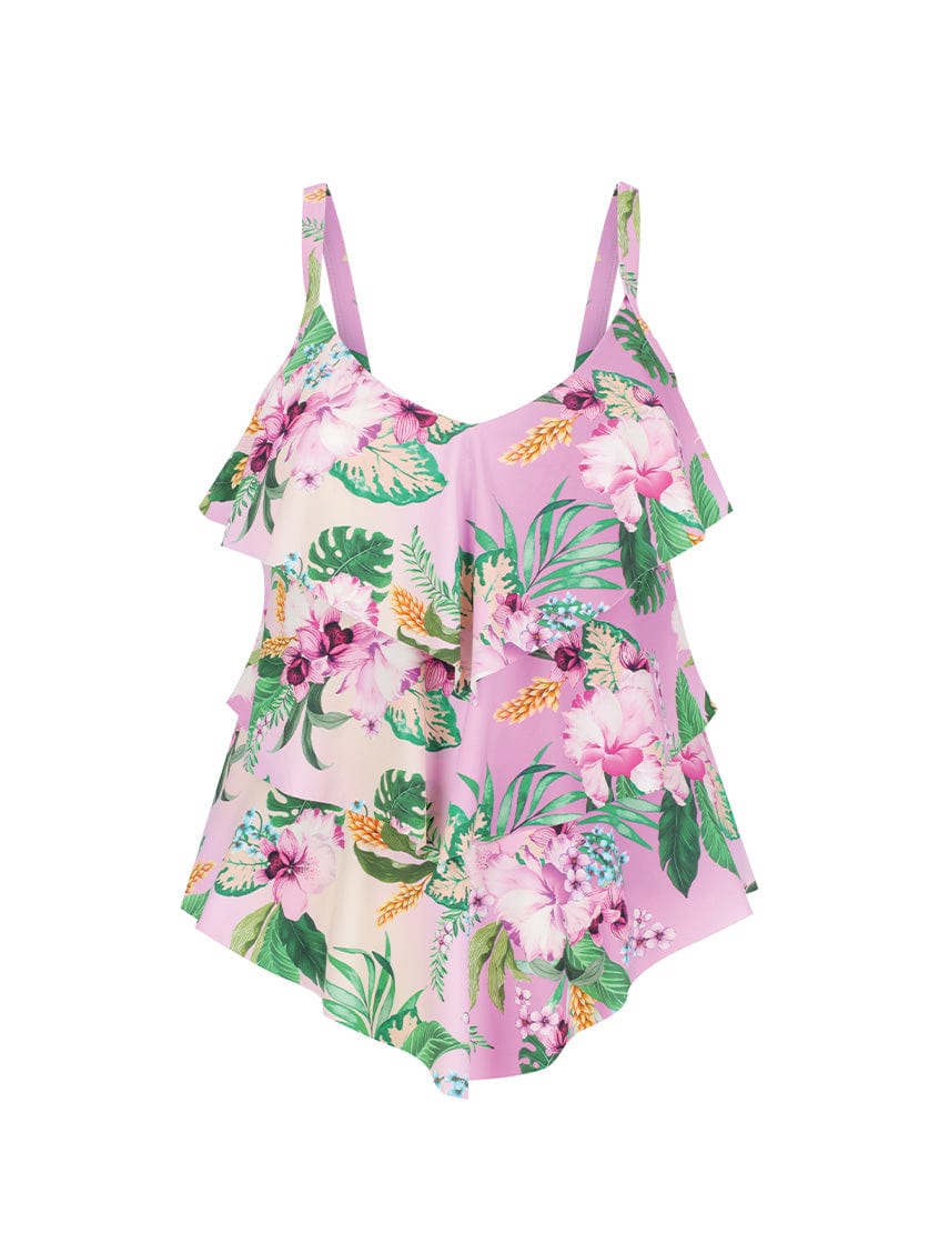 Floral swimsuit with pink and green colors on a white background