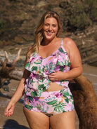 Curve woman wearing high waisted plus size swim pant in tropical print