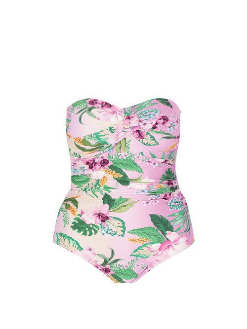 Floral-patterned strapless swimsuit on a white background
