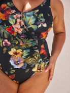 Floral swimsuit with a black background