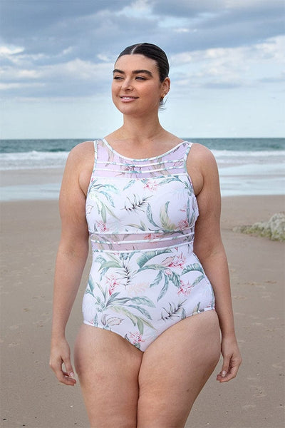 plus size woman wears jantzen floral high neck mesh detailing mastectomy friendly swimsuit