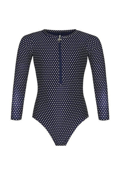 ghost mannequin of girls navy and white polkadot long sleeve one piece