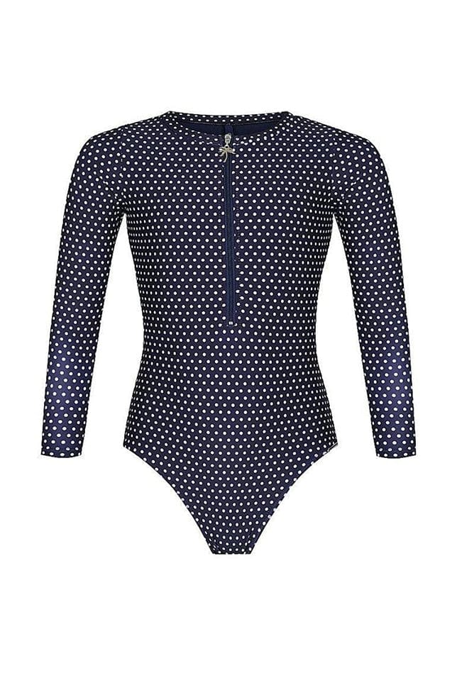 ghost mannequin of girls navy and white polkadot long sleeve one piece