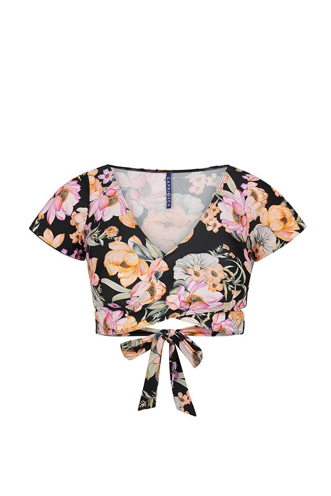ghost mannequin of black based floral wrap bikini top with short sleeve