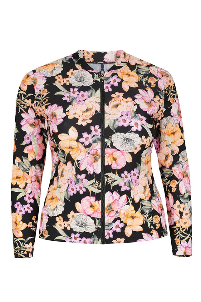 ghost mannequin of long sleeve rash vest with long sleeves in a black pink and coral floral  print