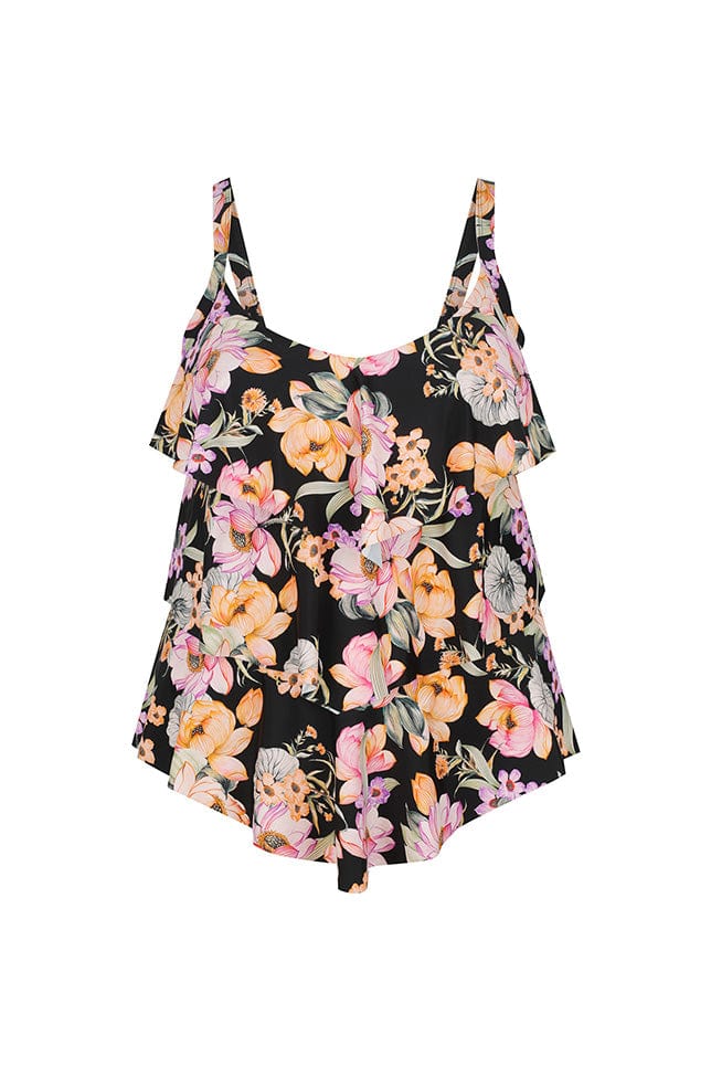 ghost mannequin black based floral ruffle front tankini top with v neckline