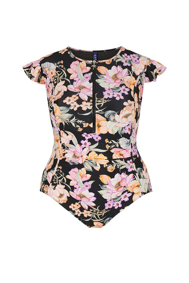 ghost mannequin of black based floral high neck one piece swimsuit with frill sleeve 