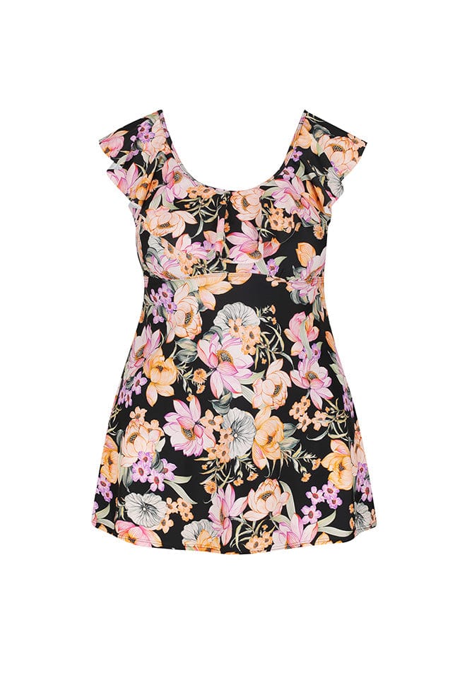 ghost mannequin of black based floral swimdress with ruffle front scoop neckline detail