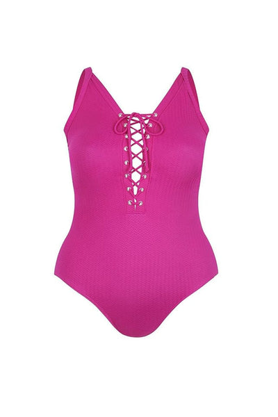 ghost mannequin of hot pink v neck swimsuit with lace front detail