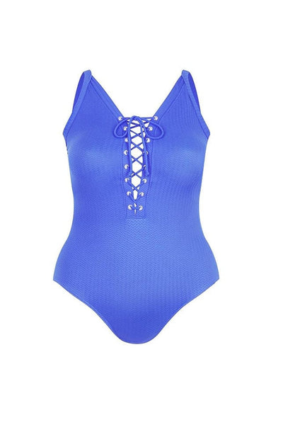 ghost mannequin image of a royal blue one piece swimsuit with a textured pattern, v neckline and lace up front detail