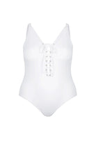 ghost mannequin image of a white v neck one piece swimsuit with tie front detail