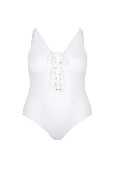 ghost mannequin image of a white v neck one piece swimsuit with tie front detail