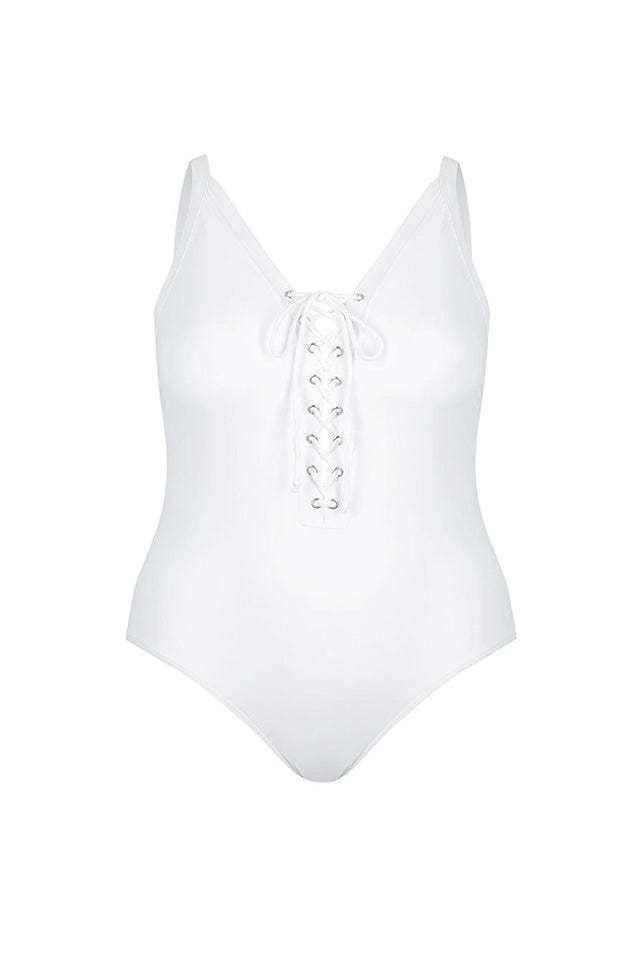 ghost mannequin image of a white v neck one piece swimsuit with tie front detail