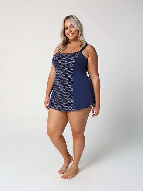 Chlorine Resistant Navy & White Dots Wide Strap Plus Size Swim Dress