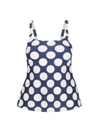 Ghost Mannequin of navy tankini top with large polkadots