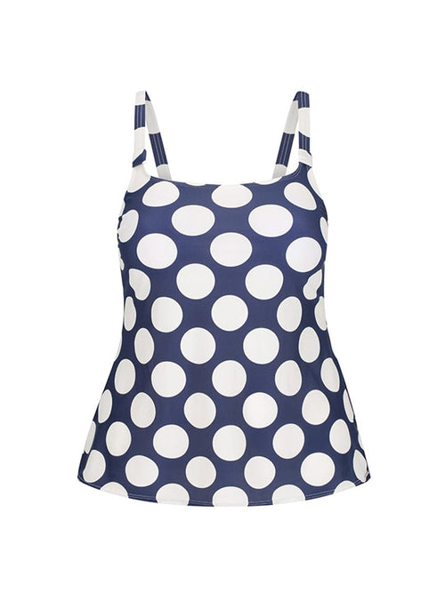 Ghost Mannequin of navy tankini top with large polkadots