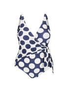 Ghost mannequin of womens large polkadot one piece with crossover detail
