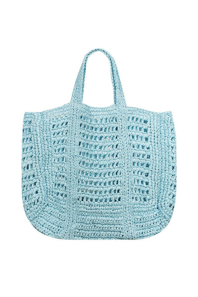 Large blue raffia beach bag with shoulder straps