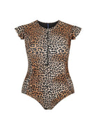 Ghost Mannequin image of leopard high neck zip up one piece with frill sleeve