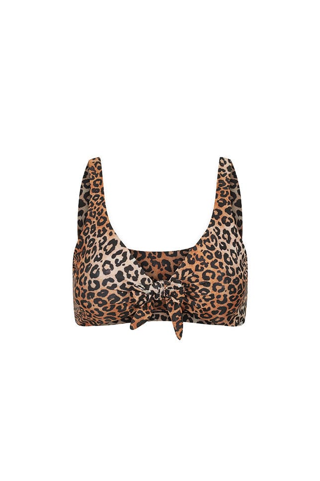 ghost mannequin of leopard printed tie front bikini top