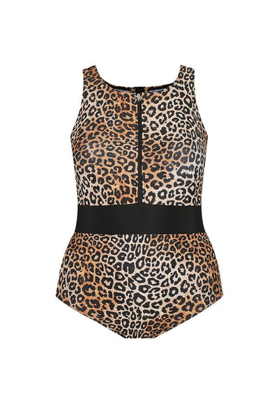 ghost mannequin of leopard and black printed one piece swimsuit with no sleeves and zip front high neck detail