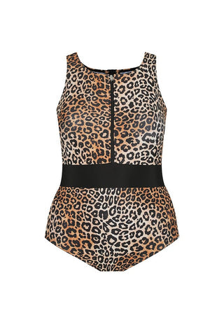 Leopard Sustainable Sleeveless Zip Front One Piece