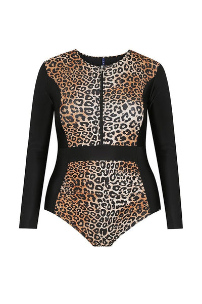 ghost mannequin image of black and leopard long sleeve one piece