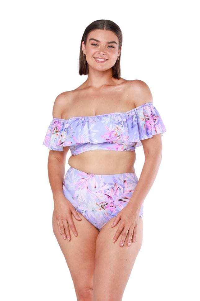 Brunette model wearing off the shoulder bikini top with ruffle detail in lilac 