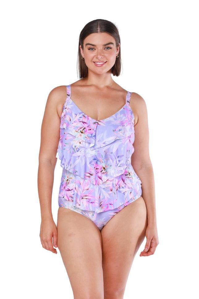 Plus size ruffle tiered swimsuit with lilac floral print