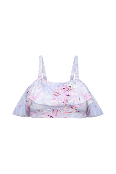 ghost mannequin of a lilac based floral off the shoulder bikini top with removable straps
