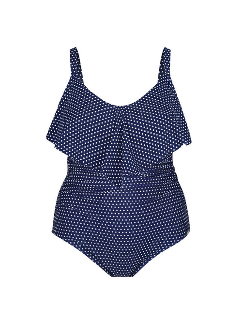Navy & White Dots Long Frill V Neck One Piece