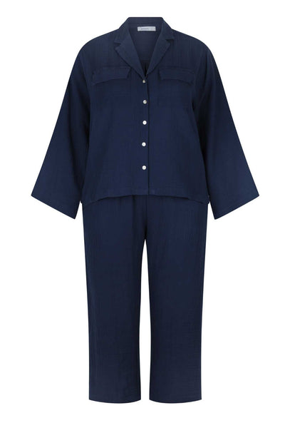 ghost mannequin of long sleeve navy blue cotton crepe lounge wear set with buttons