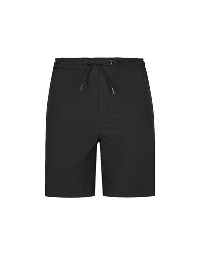 ghost mannequin image of the black stretch knee length boardshort with elastic back waist band and tie front

