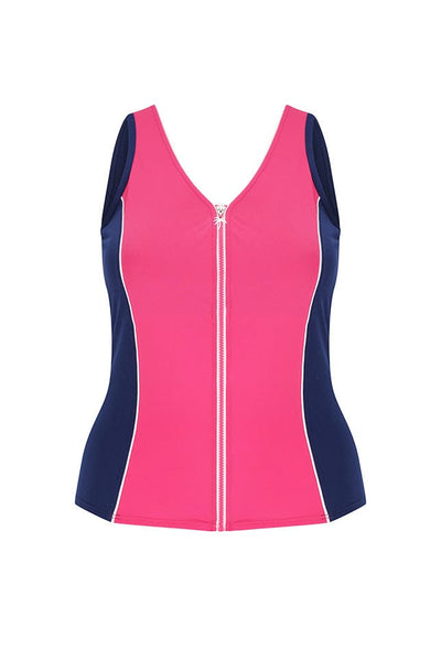 Ghost mannequin of bright pink and navy with white zip front detail in chlorine resistant tankini