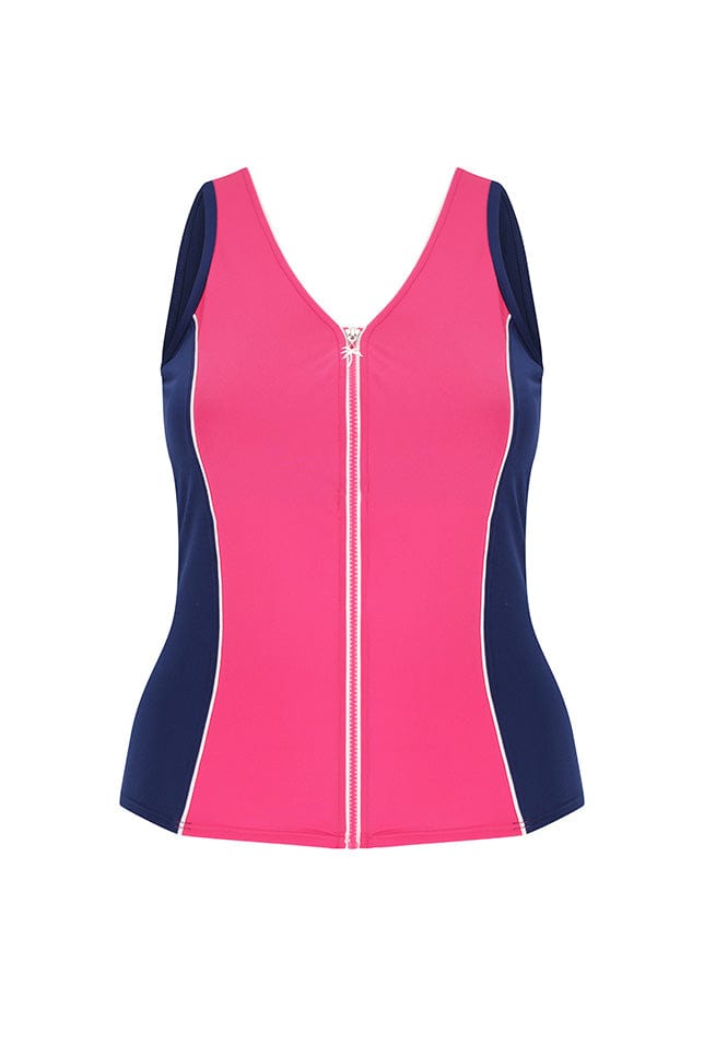 Ghost mannequin of bright pink and navy with white zip front detail in chlorine resistant tankini