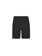 ghost mannequin image of the black stretch knee length boardshort with elastic back waist band and tie front