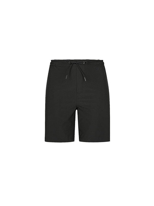 ghost mannequin image of the black stretch knee length boardshort with elastic back waist band and tie front