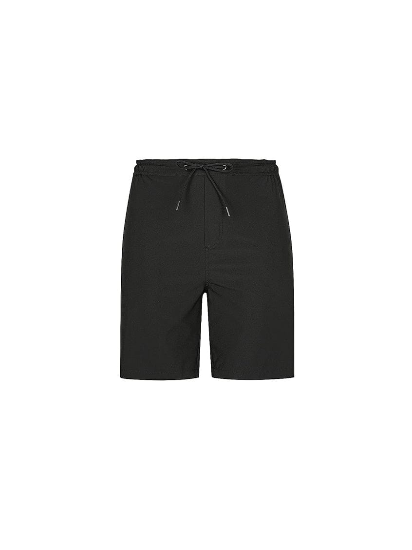 ghost mannequin image of the black stretch knee length boardshort with elastic back waist band and tie front