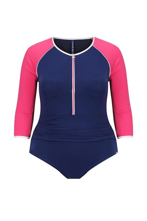 Ghost mannequin of 3/4 navy and pink one piece with zip front detail