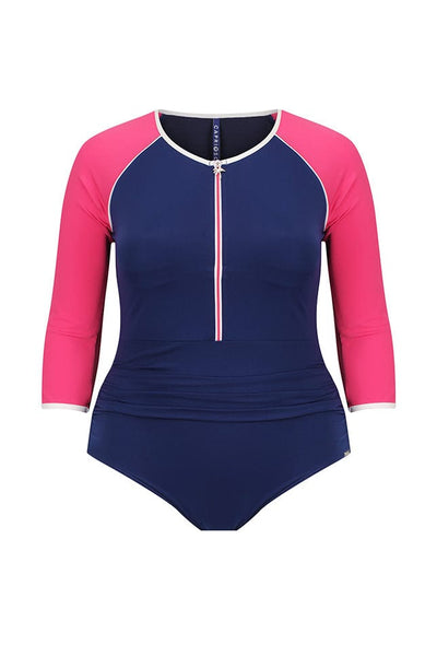 Ghost mannequin of 3/4 navy and pink one piece with zip front detail