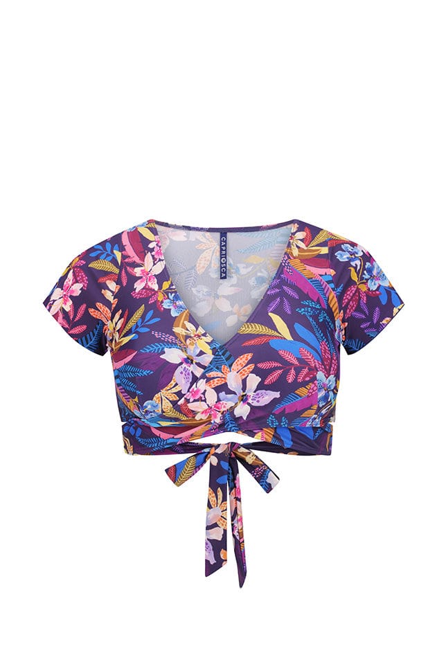 Ghost mannequin of wrap crop top in navy based floral top with tie detail
