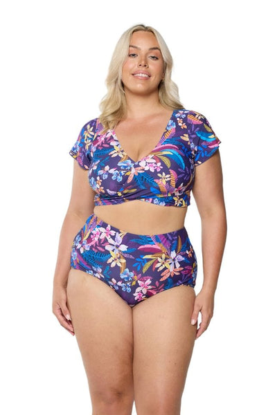 Blonde model wearing wrap crop top for curve women