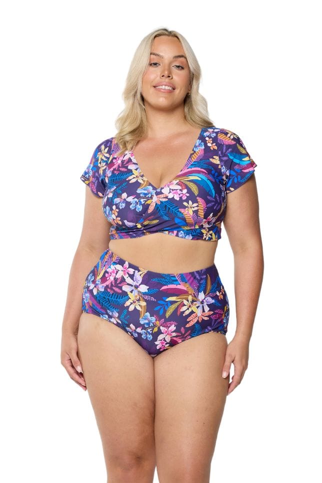 Blonde model wearing wrap crop top for curve women
